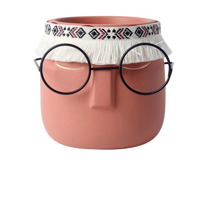 Frendorf | FaceArt Keramik Blumentopf mit Brille & Stirnband | Modernes Design | Dekorative Pflanzenvase
