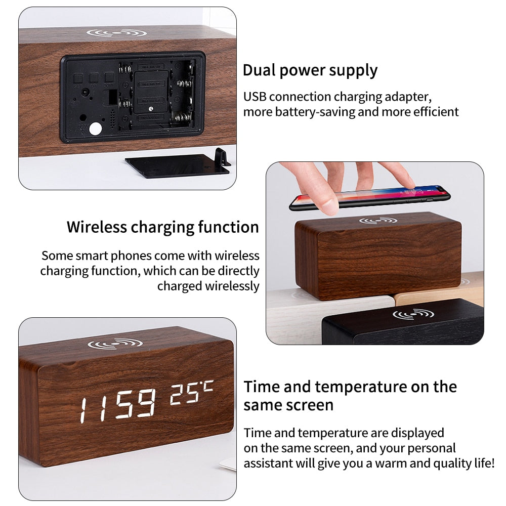 Moderner Holz-Wireless-Lade-Wecker