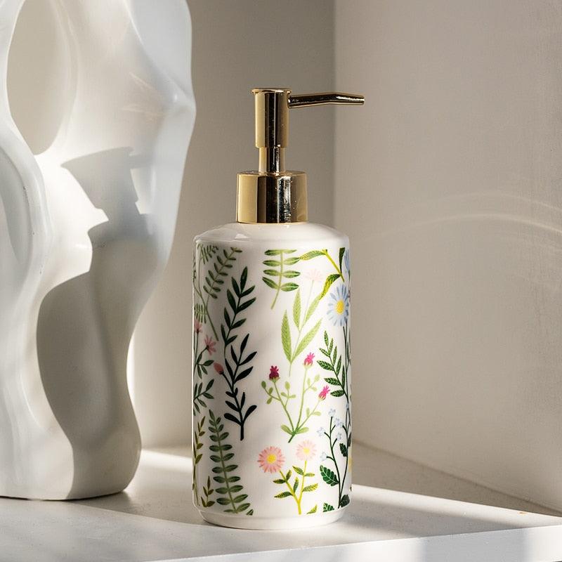 Seifenspender aus Keramik mit Blumenmotiv
