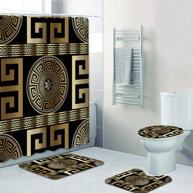Frendorf | LuxeBain Schwarz-Gold Badezimmer Set | Griechisches Meander-Design | Luxuriöse Badaccessoires