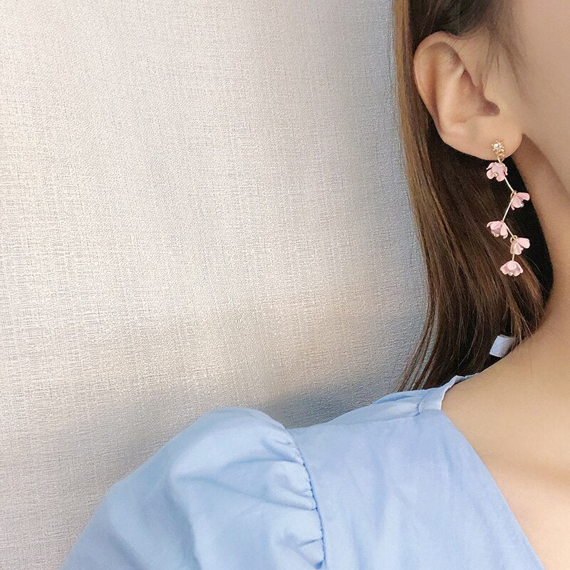 Frendorf | Lange Strass Kristall Pink Sakura Blume mit Zirkon Clip Ohrringe