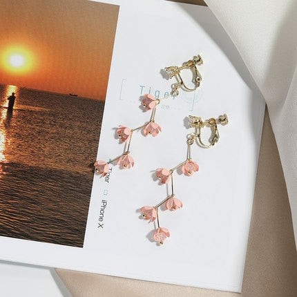 Frendorf | Lange Strass Kristall Pink Sakura Blume mit Zirkon Clip Ohrringe