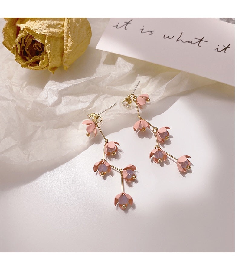 Frendorf | Lange Strass Kristall Pink Sakura Blume mit Zirkon Clip Ohrringe