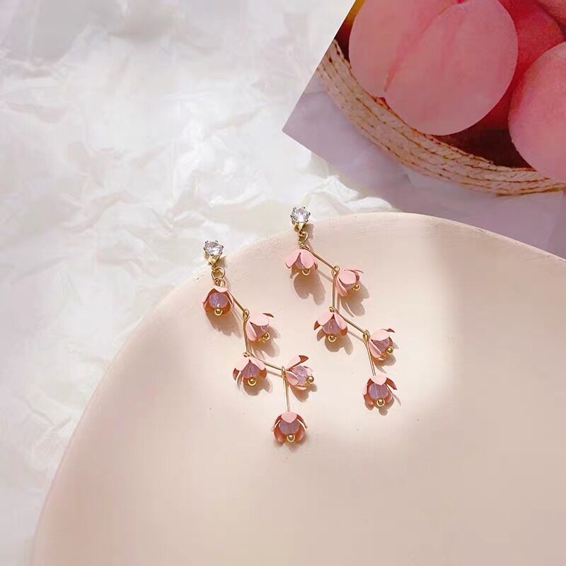 Frendorf | Lange Strass Kristall Pink Sakura Blume mit Zirkon Clip Ohrringe