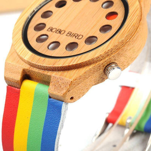 Frendorf | Bamboo Holz Unisex Uhr - Regenbogen Lederband mit Holzgeschenkbox
