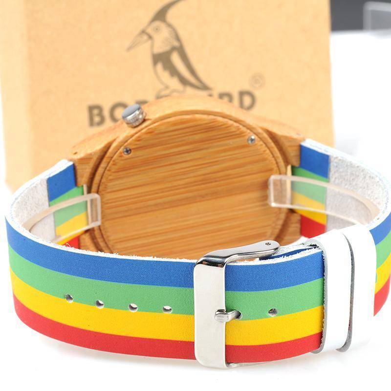 Frendorf | Bamboo Holz Unisex Uhr - Regenbogen Lederband mit Holzgeschenkbox