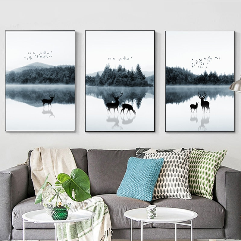 Nordic Skandinavien Landschaft Hirsch - Leinwand Wandkunst Gemälde