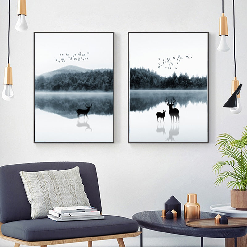 Nordic Skandinavien Landschaft Hirsch - Leinwand Wandkunst Gemälde