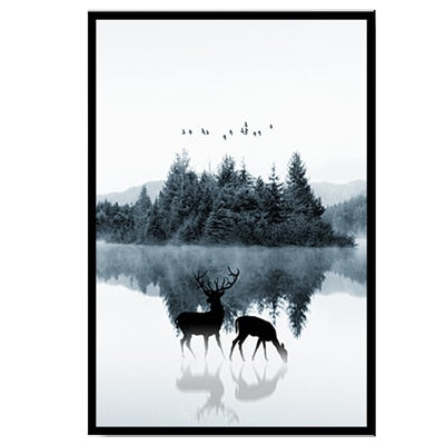 Nordic Skandinavien Landschaft Hirsch - Leinwand Wandkunst Gemälde