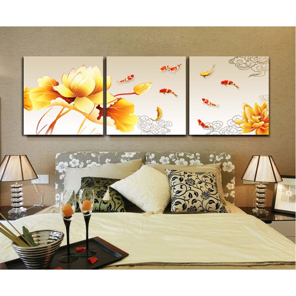 Goldene Blume Koi Fisch - Leinwand Wandkunst Gemälde