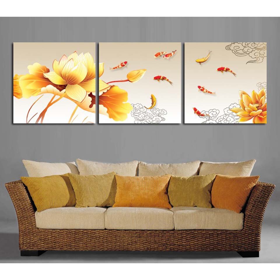 Goldene Blume Koi Fisch - Leinwand Wandkunst Gemälde