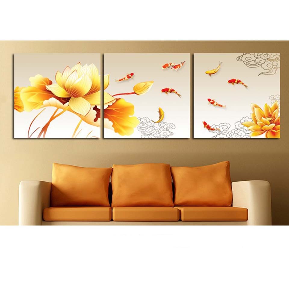 Goldene Blume Koi Fisch - Leinwand Wandkunst Gemälde