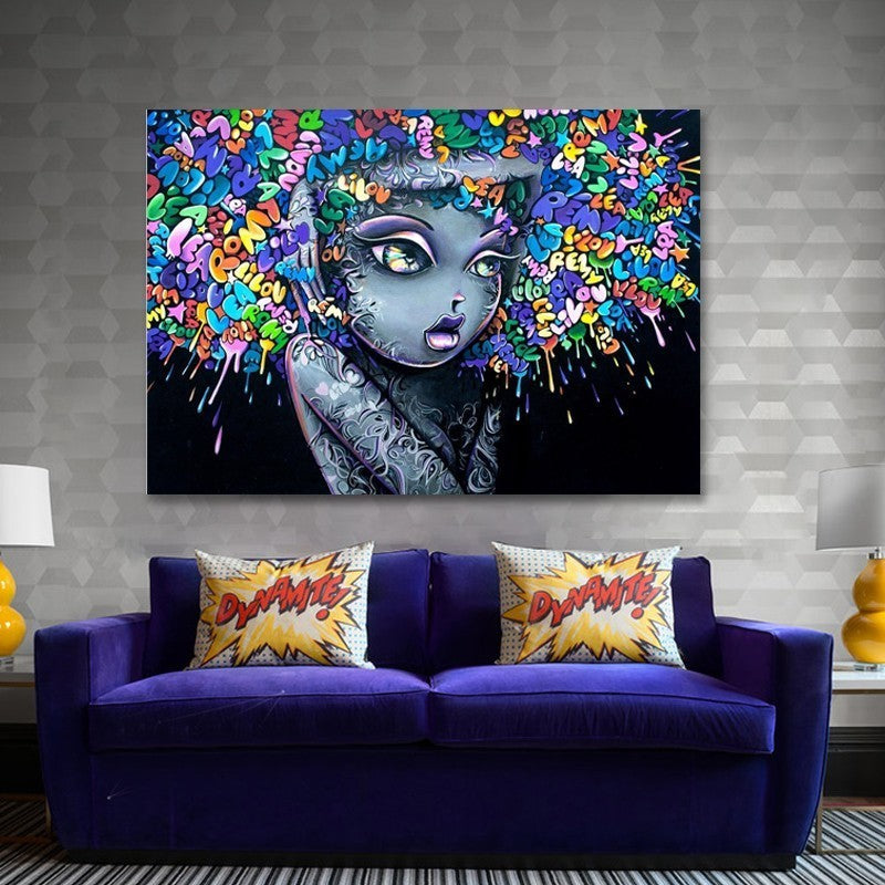 Schöne Mädchen Graffiti Kreatives Haar - Leinwand Wandkunst Gemälde