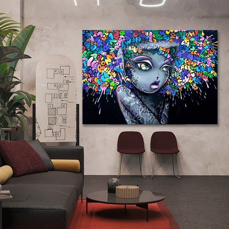 Schöne Mädchen Graffiti Kreatives Haar - Leinwand Wandkunst Gemälde
