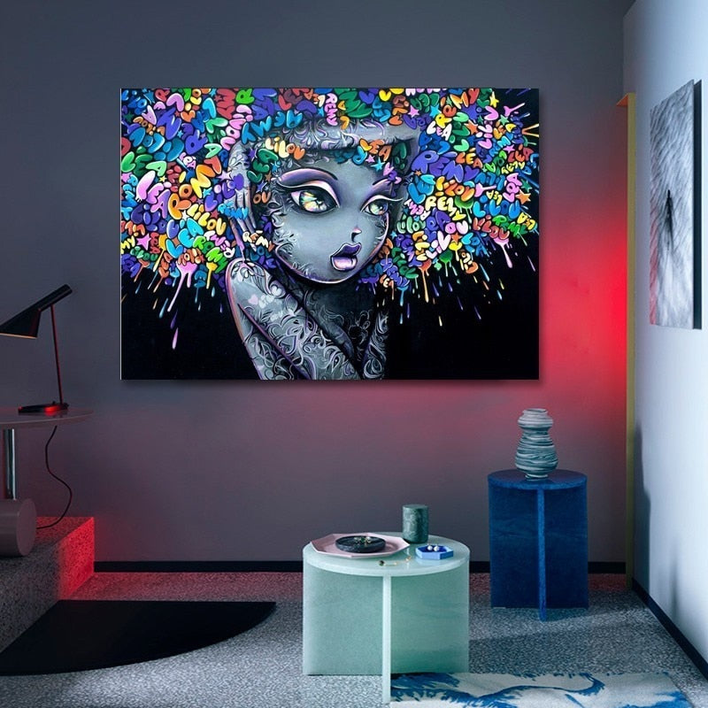 Schöne Mädchen Graffiti Kreatives Haar - Leinwand Wandkunst Gemälde