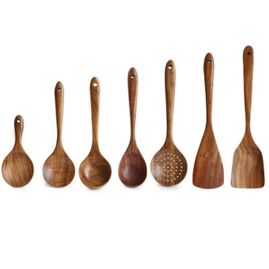 7-teiliges Utensilienset aus Teakholz