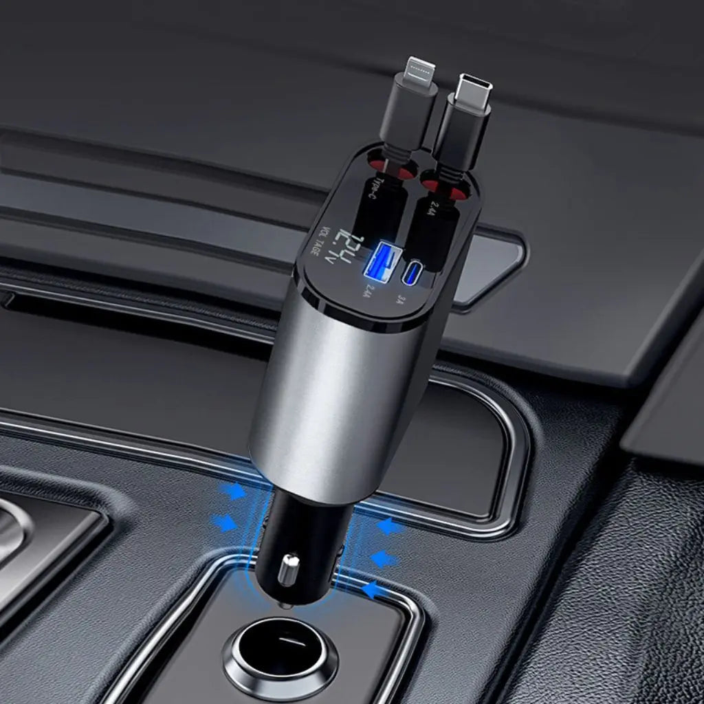 4-in-1 ausziehbares Schnellladegerät für Auto mit USB Typ-C, Zigarettenanzünder-Adapter und Schnellladeleistung