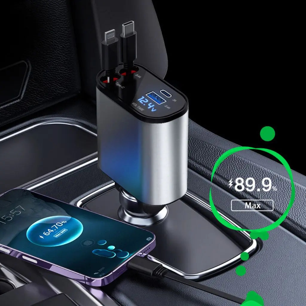 4-in-1 ausziehbares Schnellladegerät für Auto mit USB Typ-C, Zigarettenanzünder-Adapter und Schnellladeleistung