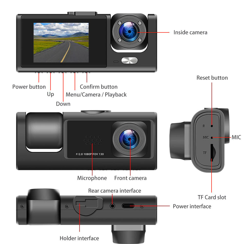 Frendorf | Auto Dual Lens Dash Cam HD 1080P Front/Rear/Innen Video Recorder Kamera G-Sensor