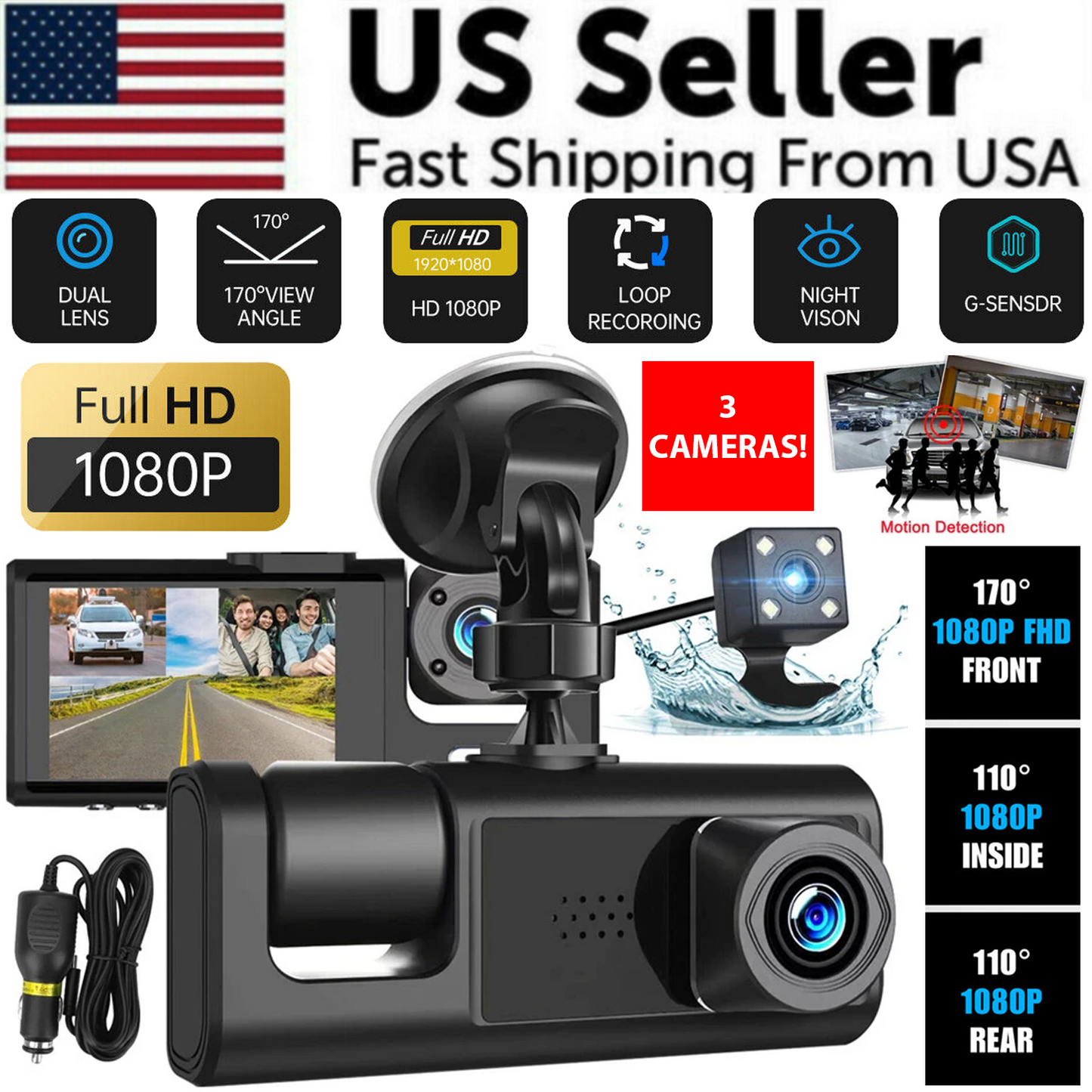 Frendorf | Auto Dual Lens Dash Cam HD 1080P Front/Rear/Innen Video Recorder Kamera G-Sensor