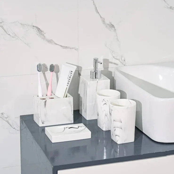 Frendorf | AurumCasa Marmor Badezimmer-Set 5-teilig | Edles Design | Luxuriöse Badaccessoires für Zuhause