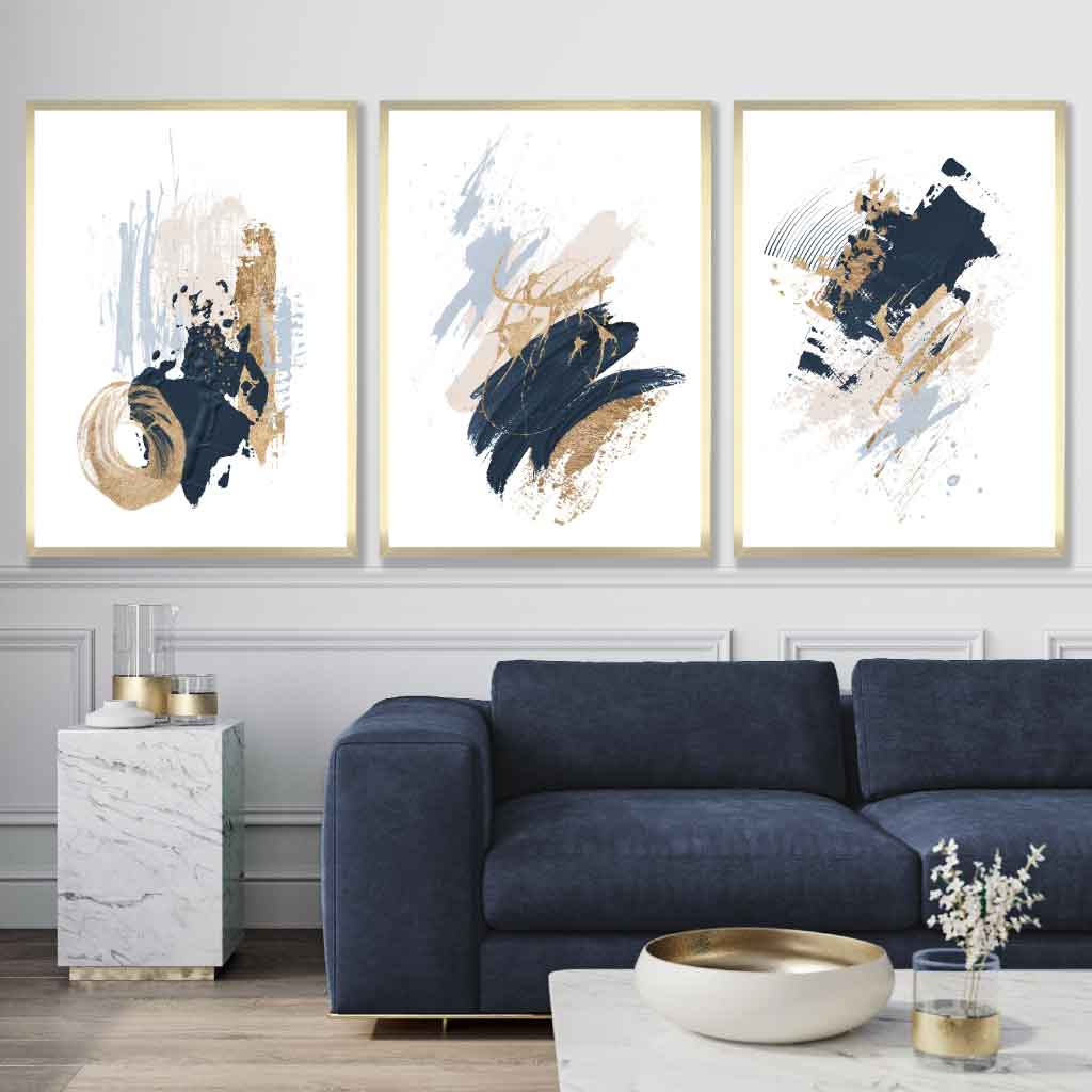 Set von 3 Abstract Postern aus Ölgemälden in Blau und Gold