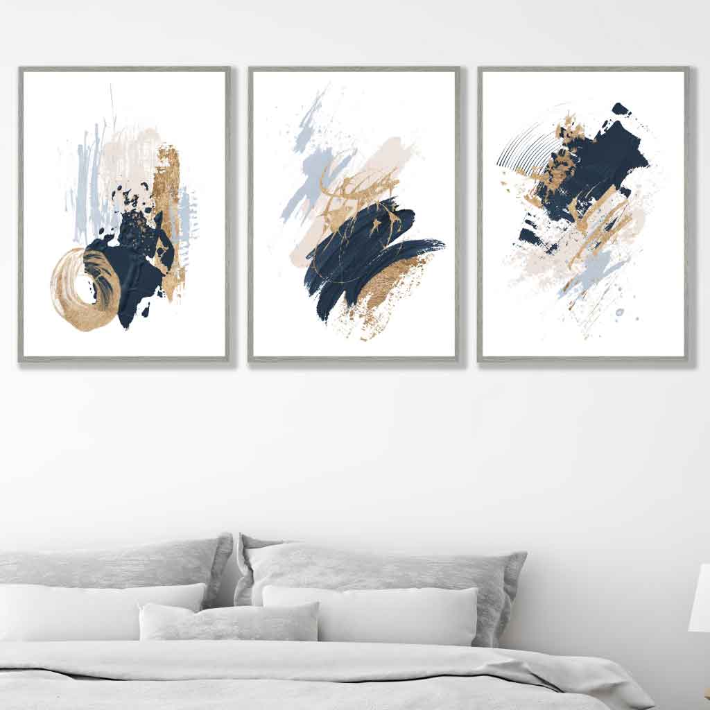 Set von 3 Abstract Postern aus Ölgemälden in Blau und Gold