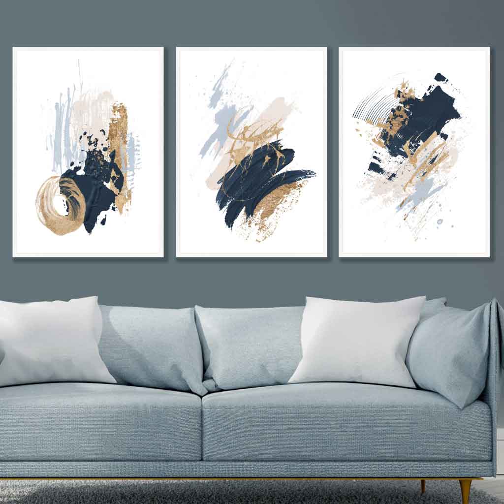 Set von 3 Abstract Postern aus Ölgemälden in Blau und Gold