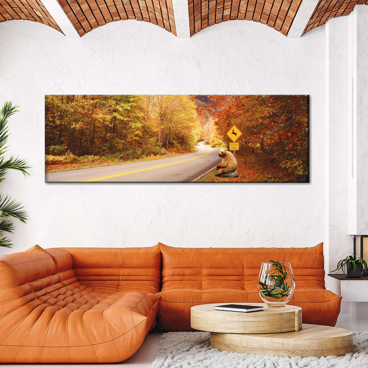 Frendorf | Herbststraße mit Bären am Rehüberquerungsschild Wandkunst