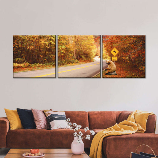 Frendorf | Herbststraße mit Bären am Rehüberquerungsschild Wandkunst
