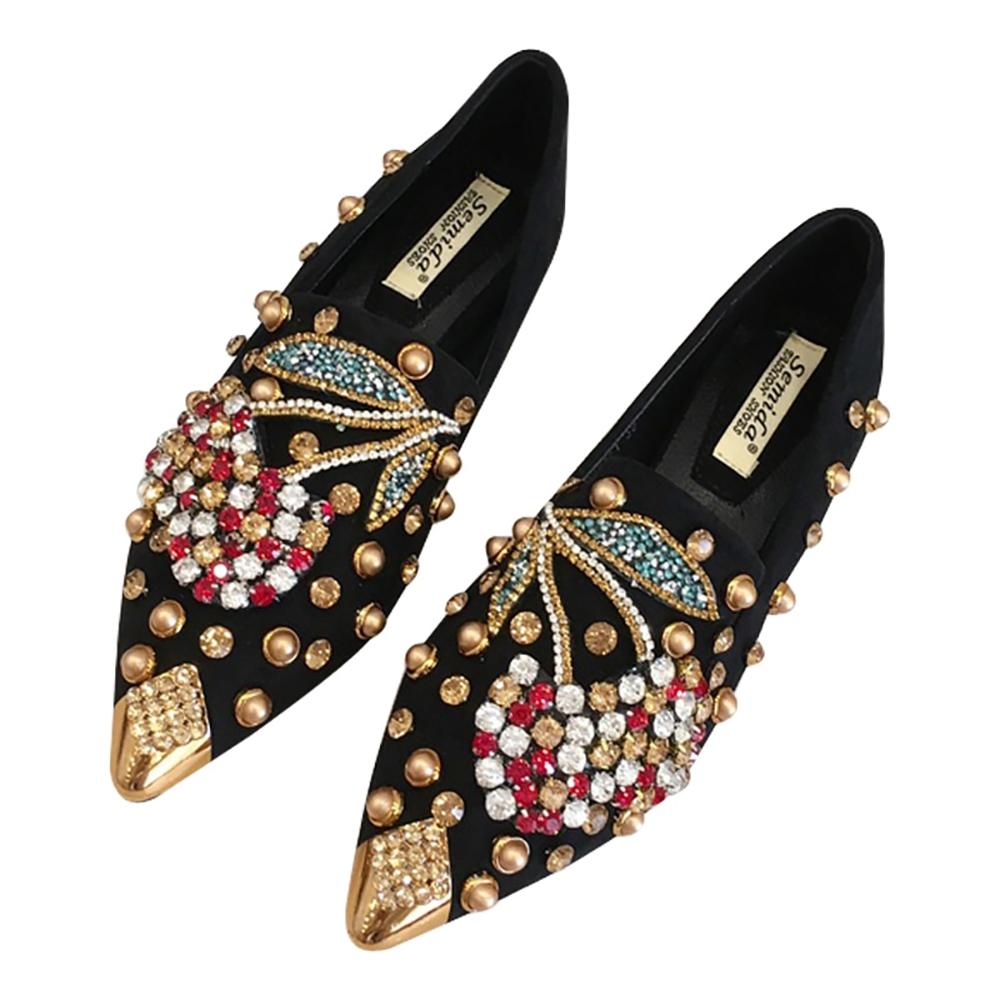 Frendorf | Luxuriöse flache Schuhe mit spitzer Spitze und Strasssteinen aus Kirschmetall