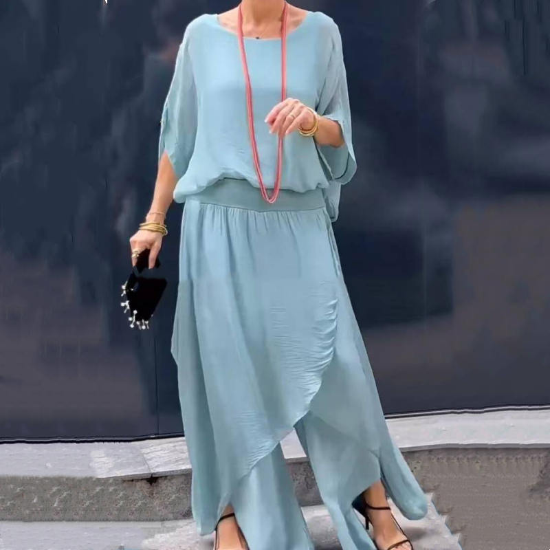 Frendorf | 2-teiliges Chiffon-Set mit lockerem Oberteil und Hose mit weitem Schlitz