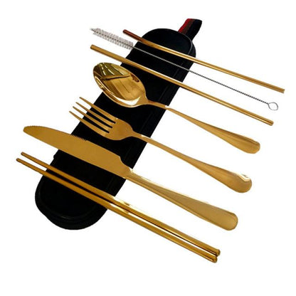 Frendorf | Edelstahl 7-teiliges Besteckset Reisebesteckset Wiederverwendbares Besteck Geschirr