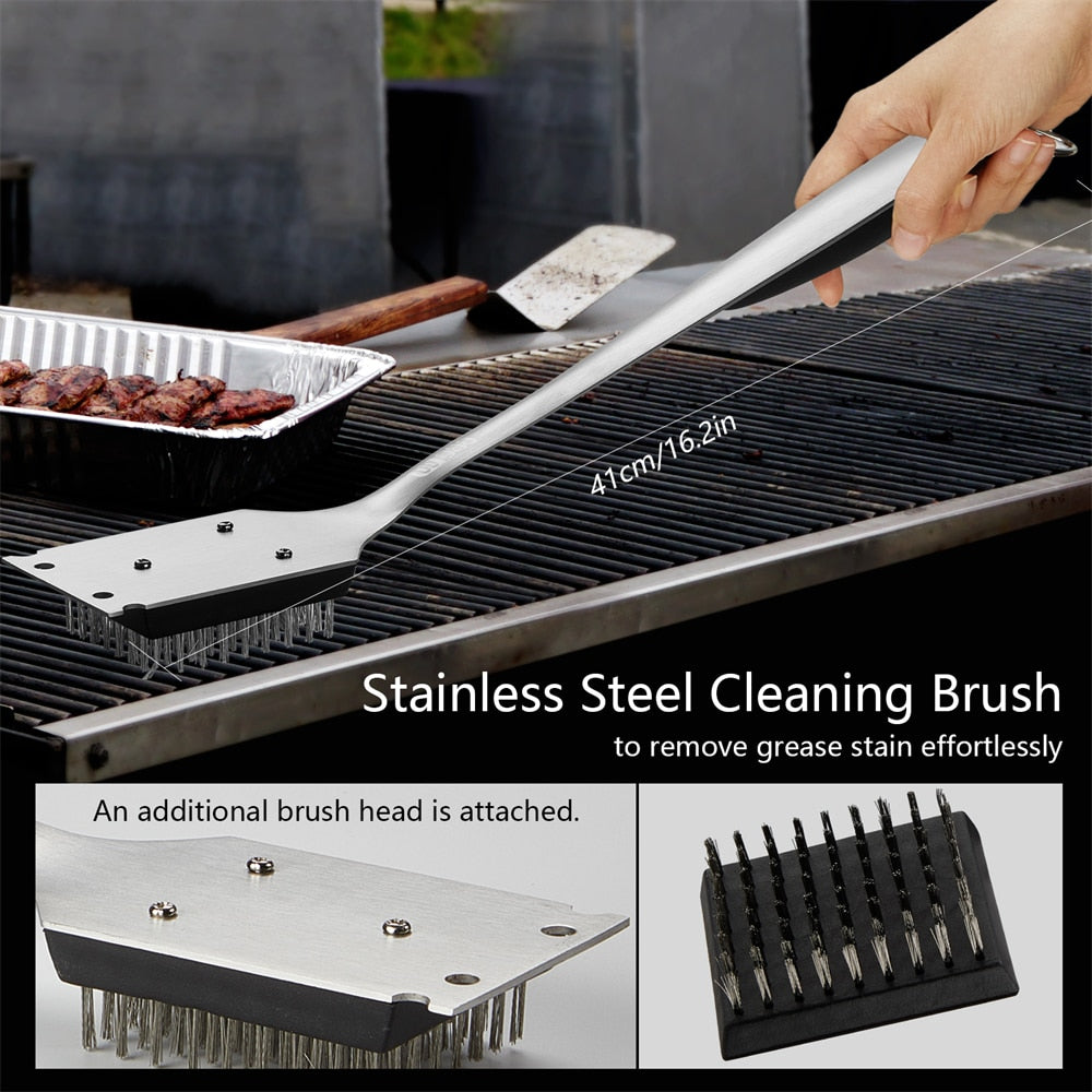 Frendorf | Edelstahl BBQ Werkzeugset Spatel Gabel Zange Bürste Spieße