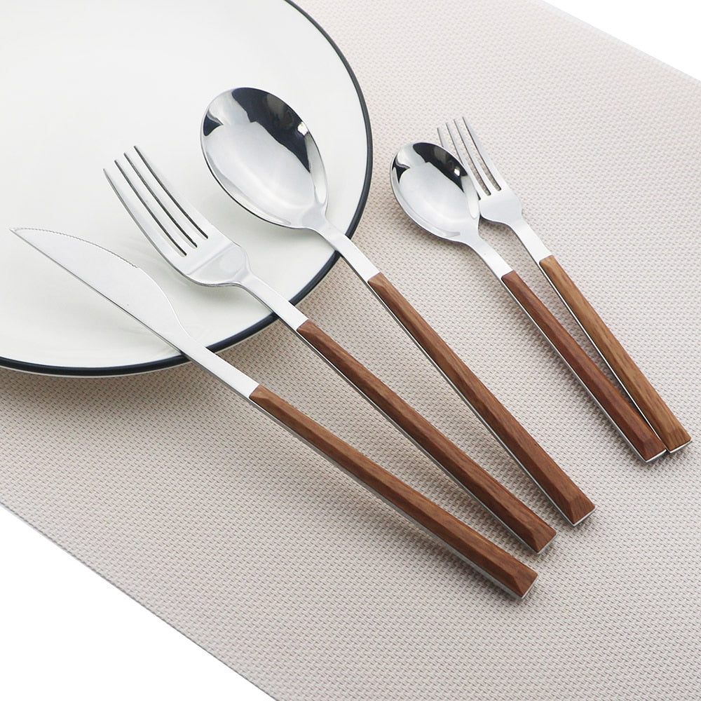 Frendorf | Edelstahl Geschirr Set Imitation Holz Marmor Griff Set