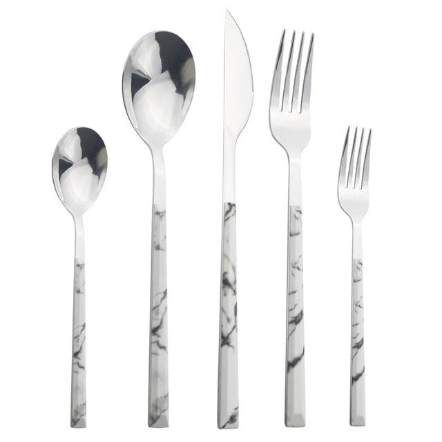 Frendorf | Edelstahl Geschirr Set Imitation Holz Marmor Griff Set