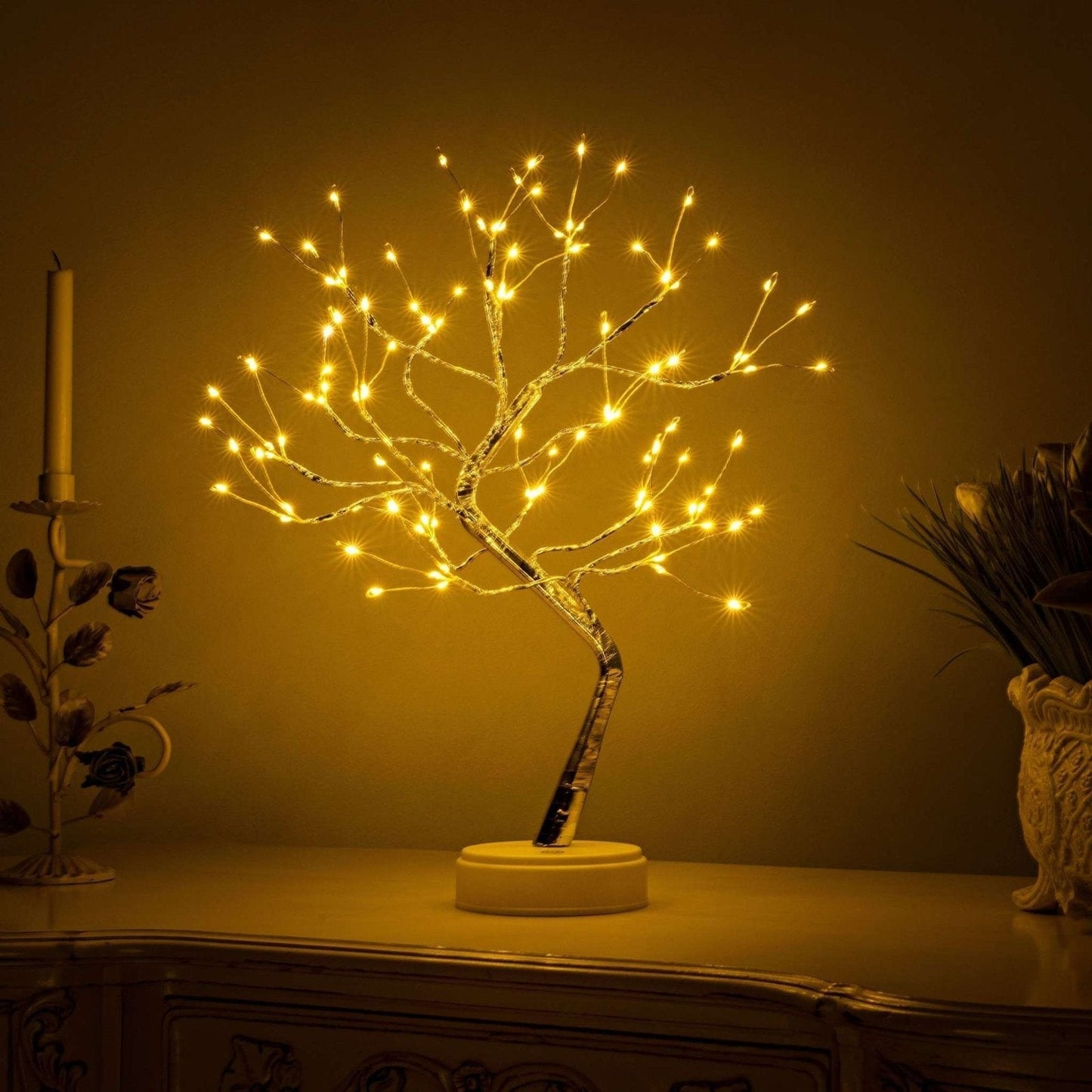 Frendorf | FairyTree LED Baumlichter Lampe | Dekoratives Stimmungslicht | Kupferdraht & Fairy Lights | Kabellose Tischlampe für Zuhause
