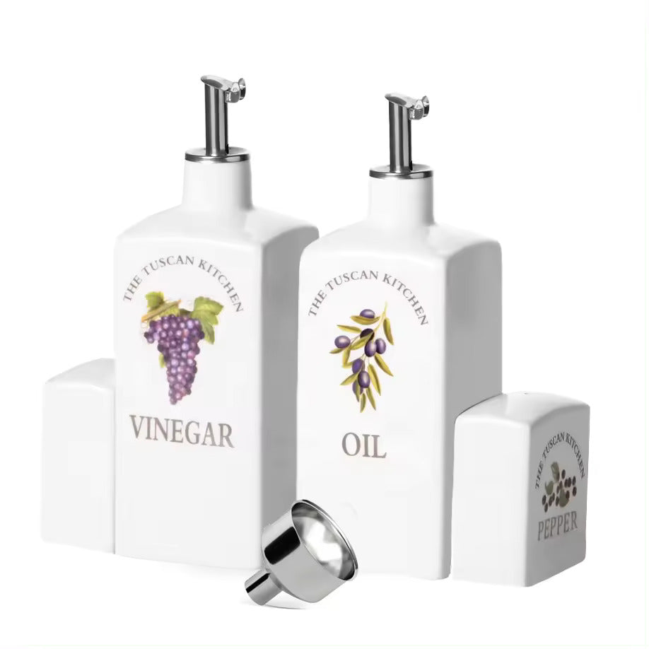 Frendorf | Tuscan Kitchen Porzellan Set - 330ml Öl/Essig Spender und 80ml Salz/Pfeffer Streuer mit Öl Ausgießer - Elegant und Funktional für Esstische und Küchengebrauch