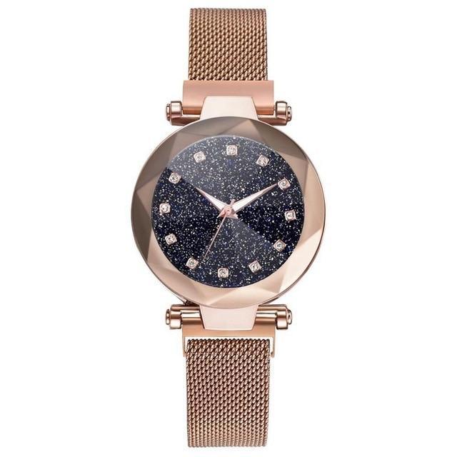 Frendorf | Luxus Sternenhimmel Edelstahl Mesh Armbanduhren für Frauen Kristall Analog Quarz Armbanduhren Damen Sport Kleid Uhr