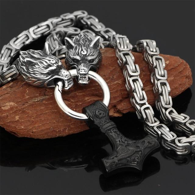 60–90 cm Edelstahl Doppel Wolfskopf & Mjolnir Überlebensgeist Halskette/Armband