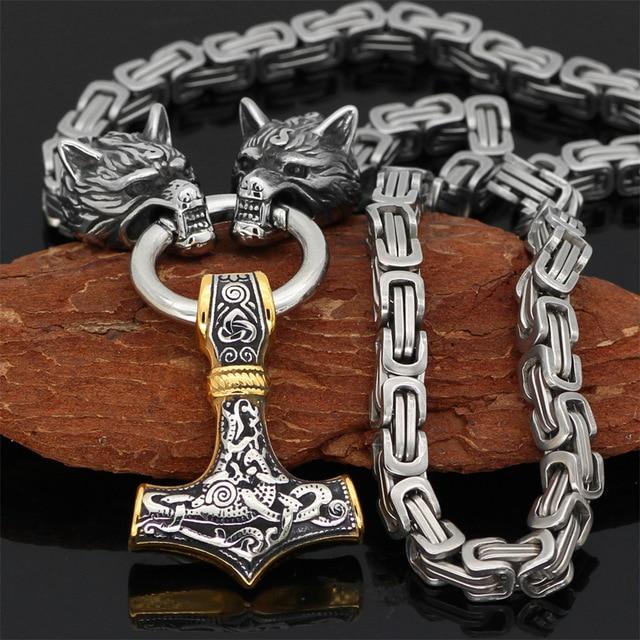 Frendorf | WolfSpirit Edelstahl Halskette & Armband | Doppel-Wolfskopf & Mjolnir Design | Viking Schmuck | 60–90 cm | Robust & Stilvoll