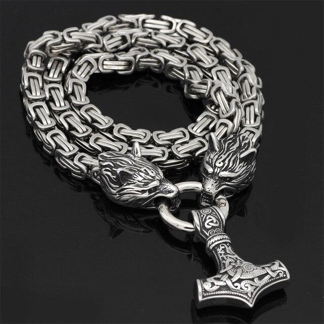 Frendorf | WolfSpirit Edelstahl Halskette & Armband | Doppel-Wolfskopf & Mjolnir Design | Viking Schmuck | 60–90 cm | Robust & Stilvoll
