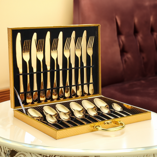 Frendorf | Opulentes Gold Besteckset - Das elegante 24-teilige Gold- und Silberbesteckset
