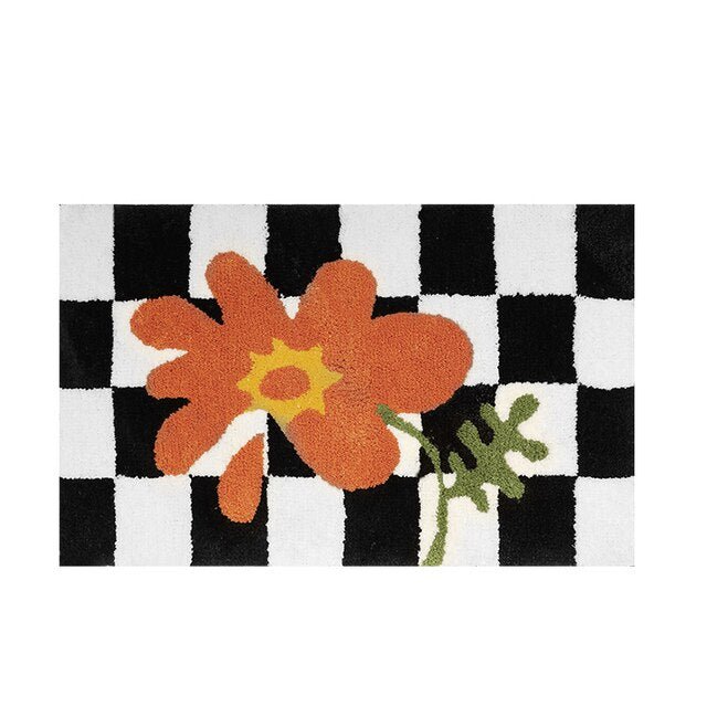 Vintage Schachbrett Karo Badteppiche - Gemütlicher Retro Blumen Teppich für Badezimmer und Wohnkultur