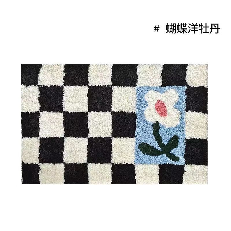 Vintage Schachbrett Karo Badteppiche - Gemütlicher Retro Blumen Teppich für Badezimmer und Wohnkultur