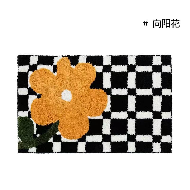 Vintage Schachbrett Karo Badteppiche - Gemütlicher Retro Blumen Teppich für Badezimmer und Wohnkultur