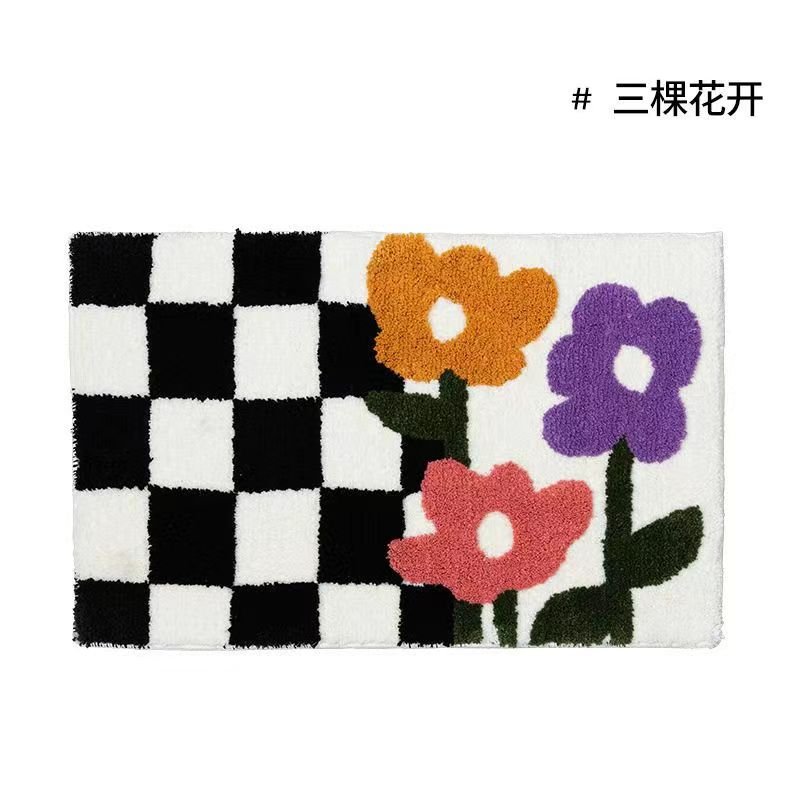 Vintage Schachbrett Karo Badteppiche - Gemütlicher Retro Blumen Teppich für Badezimmer und Wohnkultur