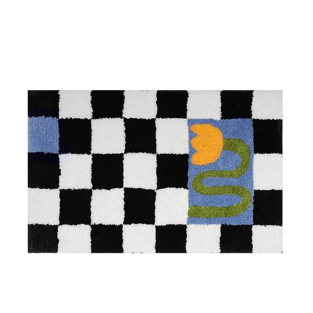 Vintage Schachbrett Karo Badteppiche - Gemütlicher Retro Blumen Teppich für Badezimmer und Wohnkultur