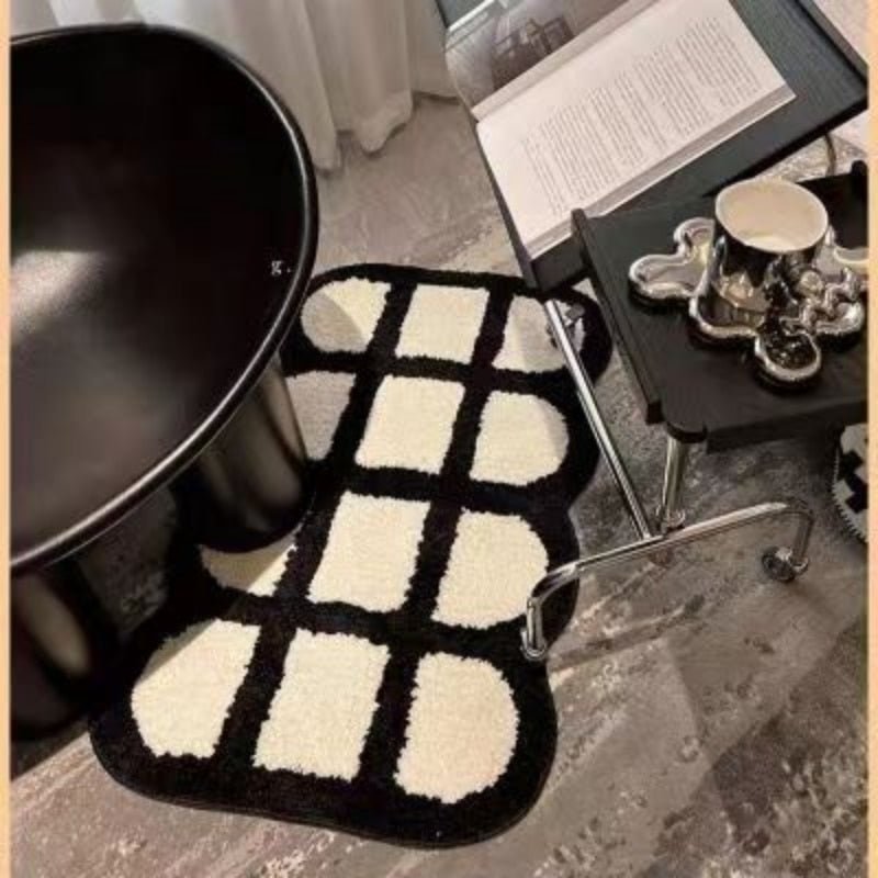 Vintage Schachbrett Karo Badteppiche - Gemütlicher Retro Blumen Teppich für Badezimmer und Wohnkultur