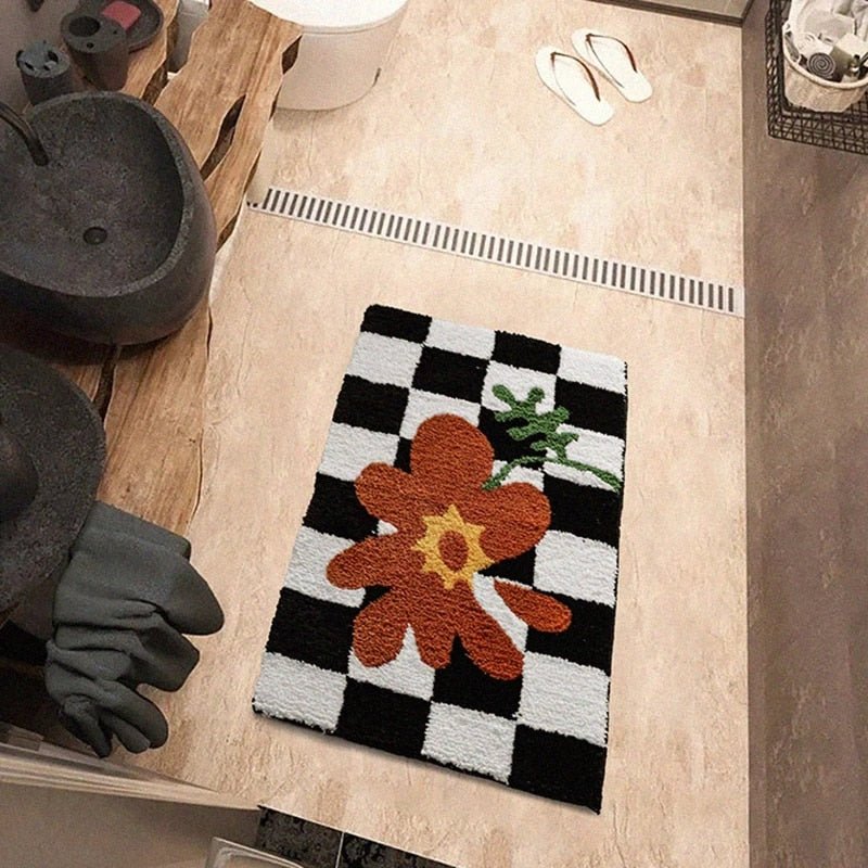 Vintage Schachbrett Karo Badteppiche - Gemütlicher Retro Blumen Teppich für Badezimmer und Wohnkultur
